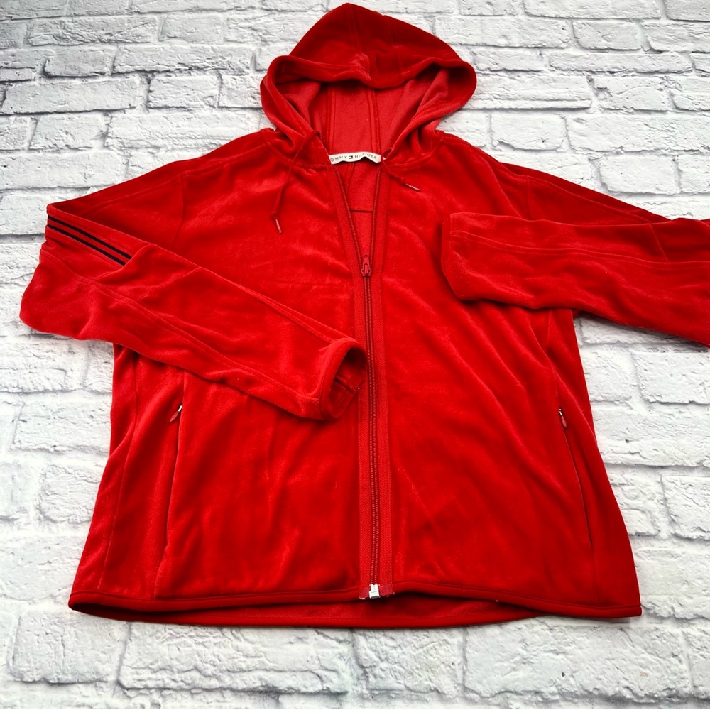 Tommy Hilfiger XL Classic Velour Full Zip Up Hoodie Red Soft & Cozy - Picture 2 of 8